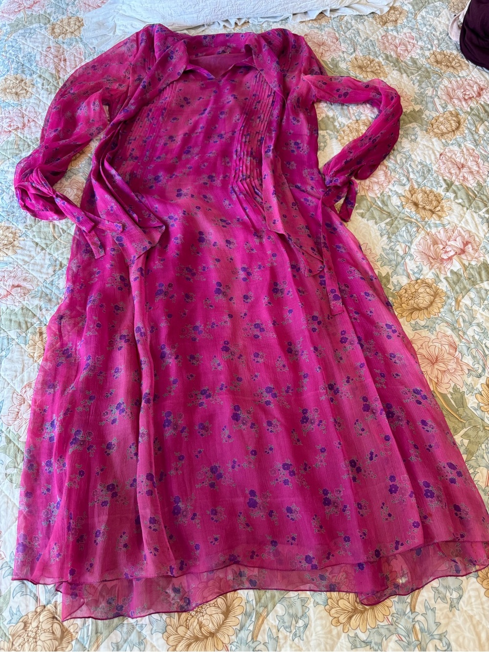 Magenta Floral Sheer silk Midi Dress